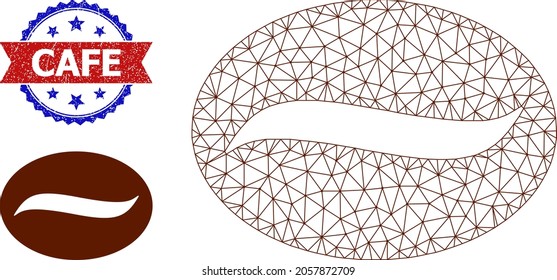 Mesh coffee grain framework illustration, and bicolor textured Cafe seal. Mesh carcass symbol designed with coffee grain icon. Vector seal with Cafe tag inside red ribbon and blue rosette,