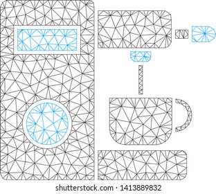 Mesh coffee machine polygonal 2d vector illustration. Carcass model is based on coffee machine flat icon. Triangle mesh forms abstract coffee machine flat model.