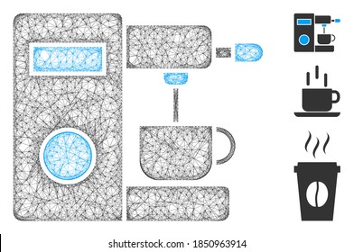 Mesh coffee machine polygonal web icon vector illustration. Carcass model is created from coffee machine flat icon. Triangular mesh forms abstract coffee machine flat model.