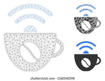 Mesh coffee wifi source model with triangle mosaic icon. Wire frame polygonal mesh of coffee wifi source. Vector mosaic of triangles in variable sizes, and color tinges.
