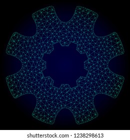 Mesh cog gear polygonal illustration. Abstract mesh lines, triangles and points on dark background with cog gear. Wire frame 2D polygonal line network in vector format on a dark blue background.