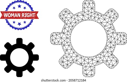 Icono de modelo de cog de malla y sello derecho de la mujer de color gris bicolor. El símbolo de la canal de malla está diseñado con un icono de cog. Impresión vectorial con texto Woman Right dentro de cinta roja y rosette azul,