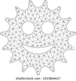 Mesh cog smile polygonal icon vector illustration. Carcass model is based on cog smile flat icon. Triangle network forms abstract cog smile flat model.