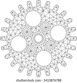Mesh cogwheel polygonal icon vector illustration. Carcass model is based on cogwheel flat icon. Triangle net forms abstract cogwheel flat carcass.
