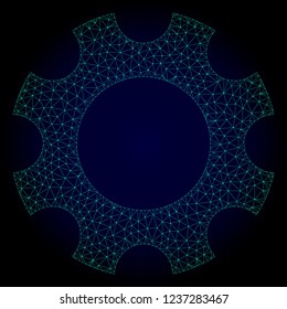 Mesh cogwheel polygonal illustration. Abstract mesh lines, triangles and points on dark background with cogwheel. Wire frame 2D polygonal line network in vector format on a dark blue background.