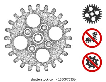 Mesh cogwheel polygonal web icon vector illustration. Carcass model is created from cogwheel flat icon. Triangular network forms abstract cogwheel flat model.