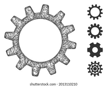 Mesh cogwheel web icon vector illustration. Carcass model is based on cogwheel flat icon. Network forms abstract cogwheel flat model. Wire frame flat line network isolated on a white background.