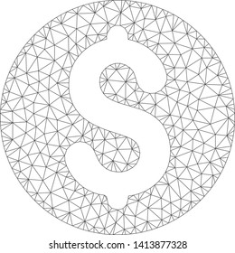 Mesh coin polygonal symbol vector illustration. Model is based on coin flat icon. Triangular mesh forms abstract coin flat model. Wire frame flat polygonal line network isolated on a white background.