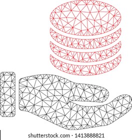 Mesh coins donation hand polygonal icon vector illustration. Carcass model is based on coins donation hand flat icon. Triangle network forms abstract coins donation hand flat carcass.