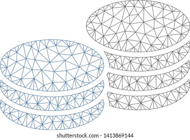 Mesh coins polygonal 2d vector illustration. Model is based on coins flat icon. Triangle network forms abstract coins flat model. Wire frame flat polygonal line network isolated on a white background.