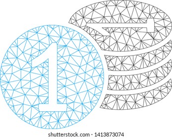 Mesh coins polygonal icon vector illustration. Carcass model is created from coins flat icon. Triangular network forms abstract coins flat carcass.