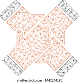 Mesh collaboration hands polygonal 2d vector illustration. Carcass model is created from collaboration hands flat icon. Triangle network forms abstract collaboration hands flat carcass.
