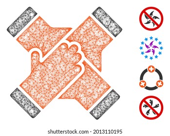 Mesh collaboration hands web icon vector illustration. Carcass model is based on collaboration hands flat icon. Mesh forms abstract collaboration hands flat model.