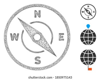 Mesh compass polygonal web icon vector illustration. Carcass model is based on compass flat icon. Triangular mesh forms abstract compass flat carcass.