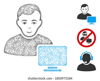 Mesh computer administrator polygonal web icon vector illustration. Carcass model is based on computer administrator flat icon. Triangle network forms abstract computer administrator flat model.