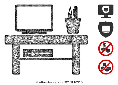 Mesh computer desk web icon vector illustration. Model is based on computer desk flat icon. Network forms abstract computer desk flat model. wireframe 2D web network isolated on a white background.