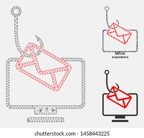 Mesh computer mail fishing model with triangle mosaic icon. Wire carcass polygonal mesh of computer mail fishing. Vector composition of triangle elements in variable sizes, and color tones.