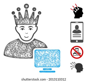Mesh computer moderator web icon vector illustration. Model is based on computer moderator flat icon. Network forms abstract computer moderator flat model.