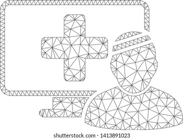 Mesh computer patient polygonal symbol vector illustration. Carcass model is based on computer patient flat icon. Triangular network forms abstract computer patient flat carcass.