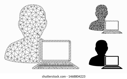 Mesh computer programmer model with triangle mosaic icon. Wire carcass triangular mesh of computer programmer. Vector mosaic of triangle parts in different sizes, and color shades.