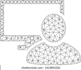 Mesh computer user polygonal icon vector illustration. Carcass model is based on computer user flat icon. Triangle mesh forms abstract computer user flat carcass.