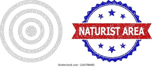 Mesh concentric circles carcass icon, and bicolor unclean Naturist Area seal. Mesh carcass illustration created from concentric circles icon.