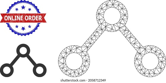 Mesh connections carcass icon, and bicolor grunge Online Order seal. Mesh wireframe illustration is based on connections icon. Vector imprint with Online Order tag inside red ribbon and blue rosette,