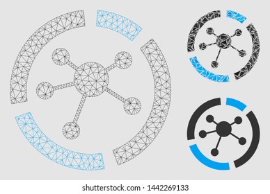 Mesh connections diagram model with triangle mosaic icon. Wire frame polygonal mesh of connections diagram. Vector collage of triangle elements in variable sizes and color tones.