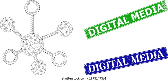 Mesh connections model, and Digital Media blue and green rectangle unclean seal imitations. Mesh carcass illustration created from connections pictogram.
