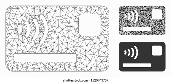 Mesh contactless payment card model with triangle mosaic icon. Wire carcass polygonal mesh of contactless payment card. Vector composition of triangles in various sizes, and color shades.