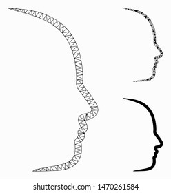 Mesh contour face profile model with triangle mosaic icon. Wire frame triangular mesh of contour face profile. Vector composition of triangle parts in various sizes, and color shades.