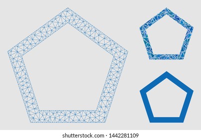 Mesh contour pentagon model with triangle mosaic icon. Wire frame polygonal mesh of contour pentagon. Vector mosaic of triangle parts in variable sizes and color tones.