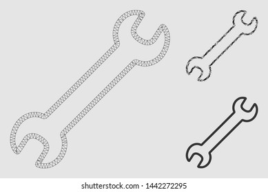 Mesh contour wrench model with triangle mosaic icon. Wire frame polygonal mesh of contour wrench. Vector composition of triangle elements in different sizes and color tinges.