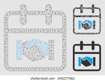 Mesh contract day model with triangle mosaic icon. Wire carcass triangular mesh of contract day. Vector collage of triangle elements in variable sizes and color shades.