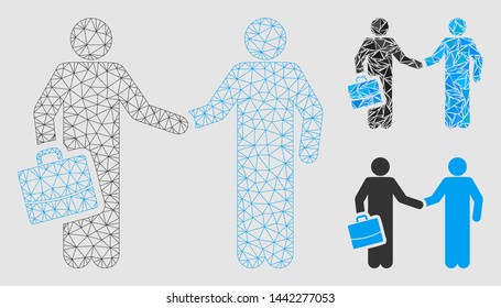 Mesh contract handshake meeting model with triangle mosaic icon. Wire carcass triangular mesh of contract handshake meeting. Vector mosaic of triangle parts in variable sizes and color tinges.