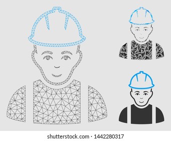 Mesh contractor model with triangle mosaic icon. Wire carcass triangular mesh of contractor. Vector mosaic of triangle elements in various sizes and color tones.