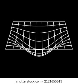 Mesh with Convex Distortion. Plane White Wave Grid. Distorted Grid Futuristic Wireframe Pattern. 3d Warp Geometric Shape with Curve Wavy Line on Black Background. Isolated Vector Illustration.