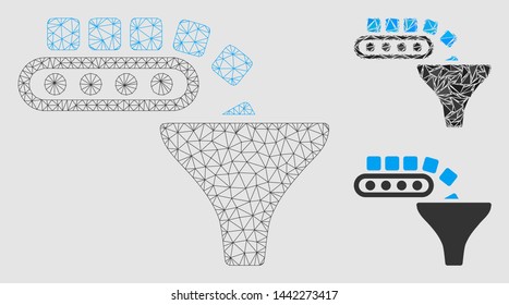 Mesh conveyor feeding model with triangle mosaic icon. Wire carcass triangular mesh of conveyor feeding. Vector mosaic of triangle parts in variable sizes and color tones.