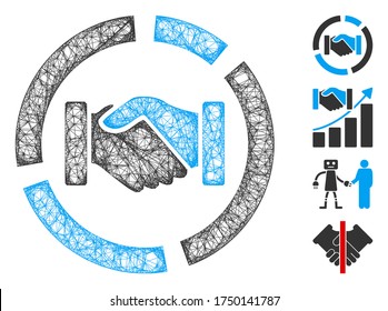 Mesh cooperation handshake diagram web symbol vector illustration. Carcass model is based on cooperation handshake diagram flat icon. Network forms abstract cooperation handshake diagram flat carcass.