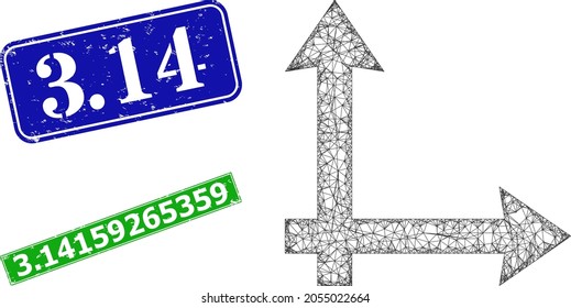 Mesh coordinate system image, and 3.14 blue and green rectangular corroded seal imitations. Mesh carcass image is created from coordinate system pictogram. Stamp seals contain 3.