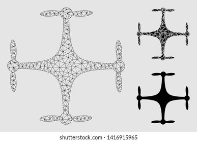 Mesh copter model with triangle mosaic icon. Wire frame triangular mesh of copter. Vector mosaic of triangle parts in different sizes and color tones. Abstract 2d mesh built from triangular lines.
