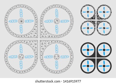 Mesh copter model with triangle mosaic icon. Wire carcass polygonal network of copter. Vector mosaic of triangle elements in variable sizes and color shades. Abstract 2d mesh designed with triangles.