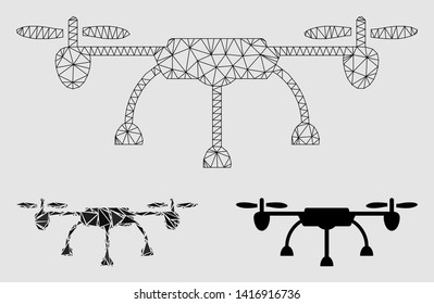 Mesh copter model with triangle mosaic icon. Wire carcass polygonal mesh of copter. Vector mosaic of triangle parts in variable sizes and color tones. Abstract 2d mesh designed with polygonal grid.