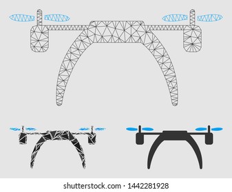 Mesh copter model with triangle mosaic icon. Wire carcass polygonal mesh of copter. Vector collage of triangle elements in variable sizes and color tones.