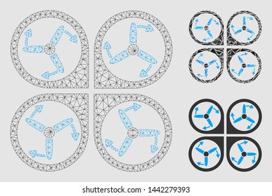 Mesh copter screws rotation model with triangle mosaic icon. Wire carcass triangular mesh of copter screws rotation. Vector composition of triangle parts in different sizes and color tinges.