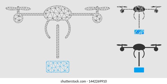 Mesh copter shipment model with triangle mosaic icon. Wire frame triangular mesh of copter shipment. Vector mosaic of triangle parts in various sizes and color hues.