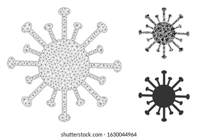 Mesh coronavirus model with triangle mosaic icon. Wire frame polygonal mesh of coronavirus. Vector mosaic of triangle elements in variable sizes, and color shades. Abstract 2d mesh coronavirus,