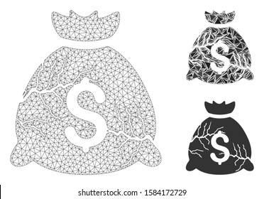 Mesh corrupted fund model with triangle mosaic icon. Wire carcass triangular mesh of corrupted fund. Vector composition of triangle parts in variable sizes, and color shades.