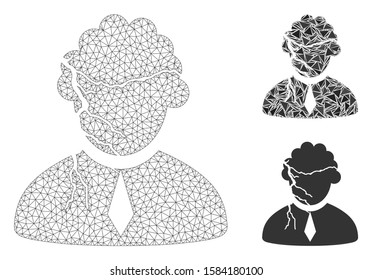 Mesh corrupted judge model with triangle mosaic icon. Wire frame polygonal mesh of corrupted judge. Vector mosaic of triangle elements in different sizes, and color tones.