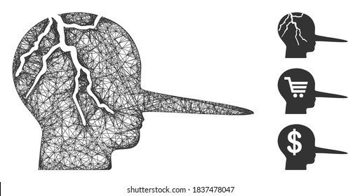 Mesh corrupted liar polygonal web icon vector illustration. Carcass model is based on corrupted liar flat icon. Triangular mesh forms abstract corrupted liar flat carcass.